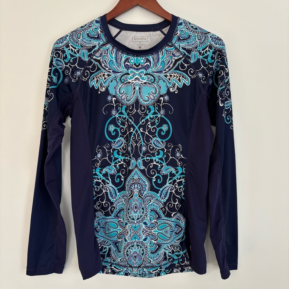 Athleta Runaway Paisley Performance Top Blue Turquoise Long Sleeve Size S 268486